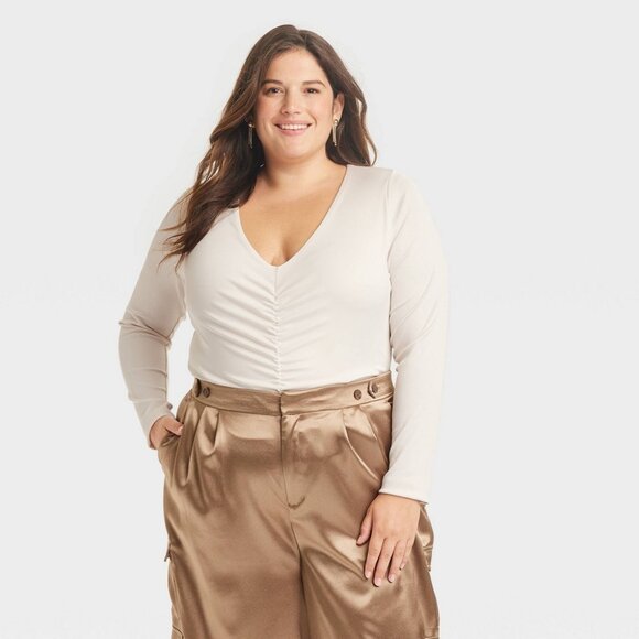 a new day Tops - NEW! Long Sleeve Ruched Slim Fit Bodysuit, Cream - A New Day